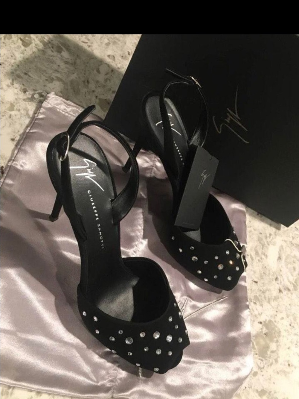 Giuseppe Zanotti Black Crystal-Studded Open-Toe Ankle-Strap Heels